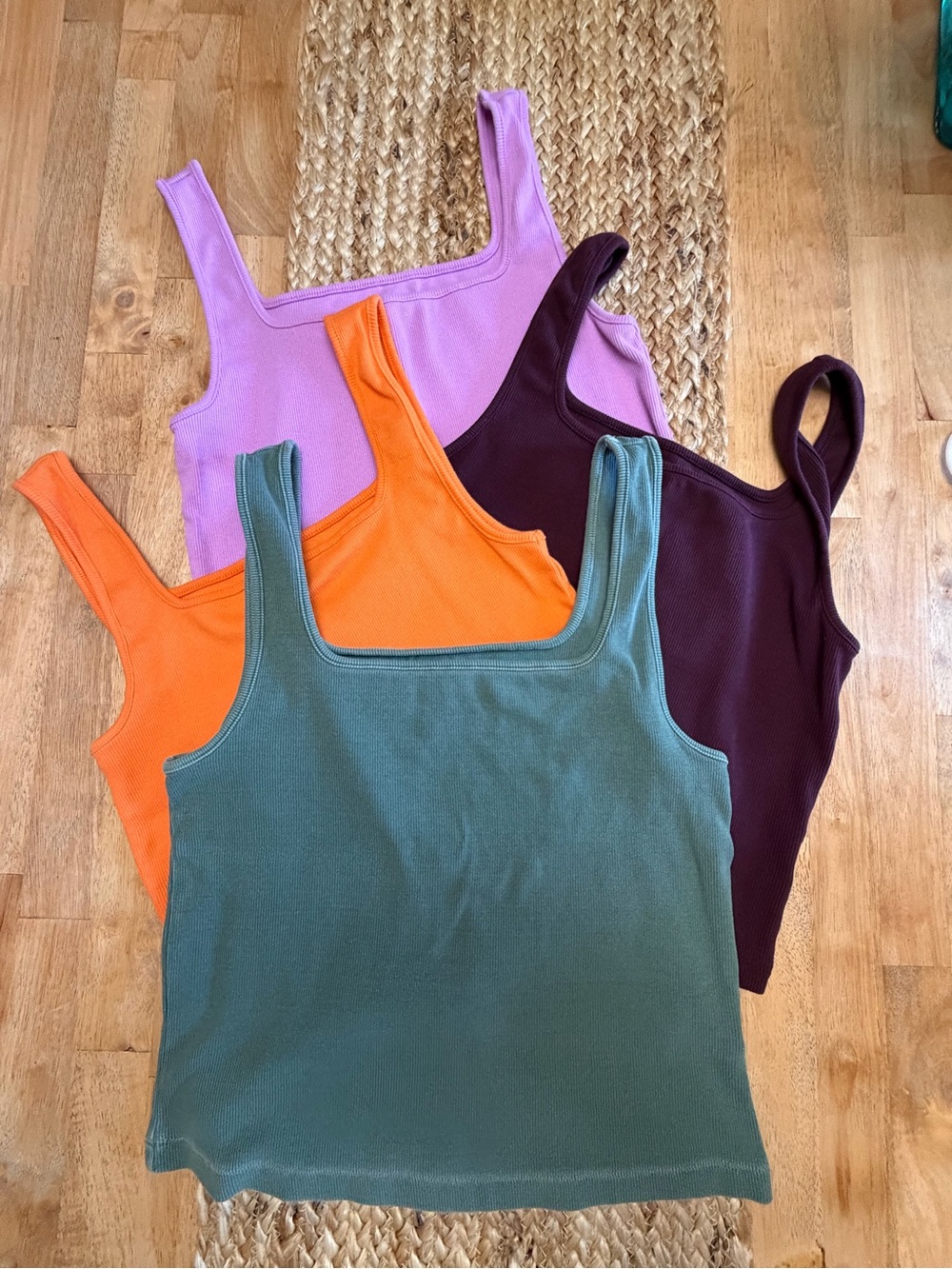 Four Old Navy Ribbed Square Neck Crop Top Tanks - Orange, Teal, Plum, Pink